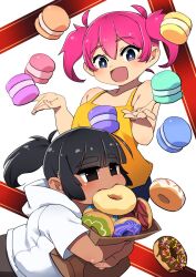 Rule 34 | 2girls, bag, black hair, blunt bangs, blush, brown eyes, commentary request, doughnut, food, food in mouth, hair between eyes, highres, holding, holding food, hood, hoodie, long hair, looking at viewer, macaron, mouth hold, multiple girls, open hands, open mouth, original, paper bag, pink hair, ponytail, short sleeves, short twintails, sidelocks, sleeveless, sprinkles, squarewave, thick eyebrows, twintails, upper body, white background, white hoodie