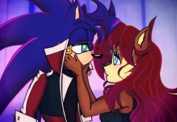 Rule 34 | 1boy, 1girl, black shirt, blue eyes, couple, half-closed eyes, highres, jacket, long hair, looking at another, mightymorg, red hair, red jacket, sally acorn, shirt, sonic (series), sonic the hedgehog, touching face