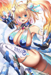 Rule 34 | 1girl, :d, black gloves, blonde hair, blue eyes, blue hair, blush, breasts, chinese zodiac, collarbone, colored inner hair, commentary request, double bun, fire, gloves, hair between eyes, hair bun, hair ornament, headgear, highres, large breasts, looking at viewer, mecha musume, multicolored hair, new year, open mouth, original, pink hair, short hair, smile, solo, sophia f shirring, takamine nadare, thighs, two-tone hair, x hair ornament, year of the dragon