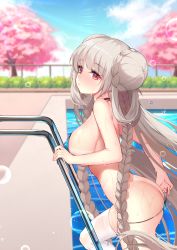 Rule 34 | 1girl, akuma (ogino-m), ass, azur lane, bare shoulders, bikini, bikini pull, blush, braid, breasts, butt crack, cherry blossoms, closed mouth, clothes pull, covered erect nipples, day, double bun, formidable (azur lane), formidable (the lady of the beach) (azur lane), from side, hair bun, highres, large breasts, leaning forward, lens flare, long hair, looking at viewer, looking to the side, micro bikini, outdoors, pool, pool ladder, poolside, red eyes, sideboob, silver hair, skindentation, soap bubbles, solo, sparkle, spring (season), sunlight, swimsuit, tan, tanline, thighhighs, tree, very long hair, water, water drop, wet, white thighhighs