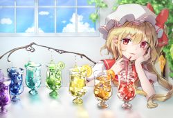 Rule 34 | 1girl, adapted costume, arm support, blonde hair, blush, collarbone, crystal, drink, flandre scarlet, food, fruit, hand on own cheek, hand on own face, hat, head rest, indoors, ivy, kiwi (fruit), kiwi slice, lemon, lemon slice, looking at viewer, mob cap, one side up, orange (fruit), parted lips, puffy short sleeves, puffy sleeves, rainbow order, red eyes, sailor collar, shironeko yuuki, short hair with long locks, short sleeves, sidelocks, slit pupils, smile, solo, strawberry, touhou, white hat, window, wings, yellow neckwear