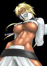 Rule 34 | 00s, 1girl, abs, arrancar, bang-you, black background, bleach, blonde hair, blue eyes, breast suppress, breasts, covered erect nipples, dark-skinned female, dark skin, female focus, hollow (bleach), large breasts, muscular, number tattoo, revealing clothes, shiny skin, solo, sword, tattoo, tier harribel, toned, underboob, weapon