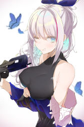 Rule 34 | 1girl, black dress, black gloves, blue butterfly, blue eyes, breast hold, breasts, bug, butterfly, cellphone, dress, e sky rugo, flip phone, girls&#039; frontline, gloves, grey hair, half gloves, highres, holding, holding phone, insect, large breasts, long hair, looking at viewer, mdr (cocktail observer) (girls&#039; frontline), mdr (girls&#039; frontline), multicolored hair, official alternate costume, one eye closed, phone, pink hair, ponytail, sidelocks, smile, solo, streaked hair