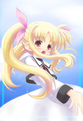 Rule 34 | 00s, 1girl, :d, blonde hair, blue background, blush, bow, cowboy shot, dress, fate testarossa, hair bow, long hair, looking at viewer, lyrical nanoha, mahou shoujo lyrical nanoha, mahou shoujo lyrical nanoha a&#039;s, open mouth, pink bow, red eyes, school uniform, serafuku, shiwo, smile, solo, twintails, white dress