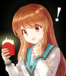 Rule 34 | !, 1girl, :d, asahina mikuru, black background, blue sailor collar, commentary request, eyes visible through hair, finger to own chin, food, french fries, holding, holding food, ishiyuki, kita high school uniform, long hair, long sleeves, open mouth, orange eyes, orange hair, sailor collar, school uniform, serafuku, simple background, smile, solo, suzumiya haruhi no yuuutsu, sweatdrop, upper body