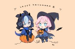Rule 34 | 2girls, arknights, blue eyes, blue hair, blue jacket, blue poison (arknights), cape, glaucus (arknights), hair between eyes, halloween, halloween costume, hat, jacket, long sleeves, medium hair, multiple girls, open mouth, pantyhose, pink hair, pumpkin, ruri (dailybloopy), slug girl, twintails, witch hat