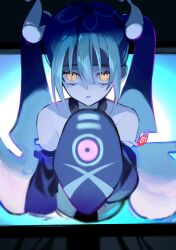 Rule 34 | 1girl, absurdres, bare shoulders, black sleeves, blue hair, commentary request, creatures (company), detached sleeves, game freak, ghost miku (project voltage), glitch, hair between eyes, hand up, hatsune miku, highres, long hair, looking at viewer, monitor, nintendo, pale skin, parted lips, pokemon, project voltage, sleeves past fingers, sleeves past wrists, solo, through medium, through screen, twintails, un known9999, upper body, very long hair, vocaloid, will-o&#039;-the-wisp (mythology), yellow eyes