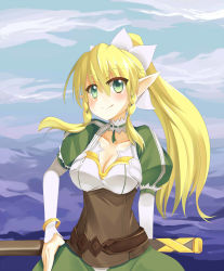 Rule 34 | 10s, 1girl, blonde hair, blush, braid, breasts, cleavage, east01 06, green eyes, hand on own hip, highres, large breasts, leafa, long hair, pointy ears, ponytail, puffy sleeves, side braid, smile, solo, sword art online, twin braids