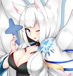 Rule 34 | 1girl, 2018, ;), animal ear fluff, animal ears, azur lane, blue eyes, bob cut, breasts, chiru (218mg), cleavage, closed mouth, dated, eyebrows, fox ears, fox tail, holding, japanese clothes, kaga (azur lane), large breasts, long sleeves, multiple tails, one eye closed, outline, palms, shikigami, short hair, signature, silhouette, simple background, smile, solo, tail, tongue, tongue out, upper body, white background, white hair, white outline, wide sleeves