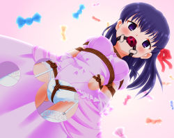 Rule 34 | arms behind back, ball gag, bdsm, blush, bondage, bound, candy, covered erect nipples, crotch rope, dress, elbow gloves, fate/stay night, fate (series), food, from below, gag, garter straps, gloves, gluteal fold, hair ribbon, heaven&#039;s feel, highres, lingerie, looking at viewer, looking down, matou sakura, medium hair, mukanata, panties, purple eyes, purple hair, ribbon, standing, thighhighs, torn clothes, torn dress, underwear, white panties