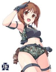Rule 34 | 1girl, :d, arm strap, belt, black belt, black gloves, black sports bra, breasts, brown eyes, brown hair, camouflage, camouflage jacket, camouflage shorts, commentary, cowboy shot, emblem, girls und panzer, gloves, green jacket, green shorts, jacket, kasai shin, looking at viewer, medium breasts, micro shorts, midriff, navel, nishizumi miho, ooarai (emblem), open mouth, pouch, salute, short hair, shorts, simple background, sleeveless, sleeveless jacket, smile, solo, sports bra, standing, stuffed animal, stuffed toy, teddy bear, thigh strap, white background
