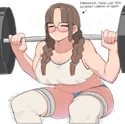 Rule 34 | 1girl, arrow (symbol), blue panties, blush, braid, breasts, brown hair, closed eyes, closed mouth, collarbone, commentary, english text, exercising, feet out of frame, glasses, ohasi, original, panties, plump, puff of air, sidelocks, simple background, solo, squatting, sweat, symbol-only commentary, thick thighs, thighhighs, thighs, twin braids, underwear, weightlifting, white background, white thighhighs