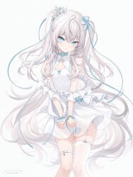 Rule 34 | 1girl, absurdres, ahoge, aqua bow, bare shoulders, blue eyes, blush, bow, breasts, cleavage, commentary, crown, detached collar, dress, earrings, frilled dress, frills, garter straps, hair ornament, hair ribbon, highres, indie virtual youtuber, jewelry, long hair, looking at viewer, parted lips, ribbon, simple background, single thighhigh, small breasts, snow is, solo, thigh strap, thighhighs, virtual youtuber, white background, white dress, white hair, wrist cuffs