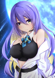 Rule 34 | bare shoulders, belt, black belt, black choker, black shirt, blonde hair, breasts, choker, collared shirt, hand on own chest, highres, hololive, hololive indonesia, jacket, large breasts, long hair, looking at viewer, moezi, moona hoshinova, multicolored hair, off shoulder, purple eyes, purple hair, shirt, sleeveless, sleeveless shirt, solo, two-tone hair, virtual youtuber