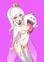 Rule 34 | 1girl, alphy, blue hairband, blue neckwear, bow, bowtie, breasts, cleavage, commentary request, crown, earrings, hairband, highres, jewelry, king boo, long hair, looking at viewer, luigi&#039;s mansion, mario (series), medium breasts, navel, new super mario bros. u deluxe, nintendo, open mouth, pink background, princess king boo, red eyes, sharp teeth, sidelocks, simple background, standing, super crown, teeth, thighhighs, tongue, tongue out, white hair, white thighhighs