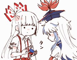 Rule 34 | 2girls, :|, animated, animated gif, blue hair, blue headwear, blush stickers, bow, castanets, closed mouth, collared shirt, expressionless, facing viewer, from side, fujiwara no mokou, hair behind ear, hair bow, half updo, hands up, hat, holding, holding instrument, instrument, itomugi-kun, kamishirasawa keine, light blue hair, long hair, looking at another, looking down, looping animation, multiple girls, music, no nose, open hand, playing instrument, profile, shirt, shirt tucked in, short sleeves, simple background, solid circle eyes, solid oval eyes, sound effects, straight hair, suspenders, tokin hat, torn clothes, torn sleeves, touhou, upper body, white background, white bow, white hair, white shirt, wing collar