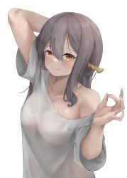 Rule 34 | 1girl, absurdres, adeliespace, bare shoulders, blush, breasts, closed mouth, goddess of victory: nikke, grey hair, hair between eyes, hair ornament, hair stick, highres, long hair, looking at viewer, medium breasts, off-shoulder shirt, off shoulder, scarlet (nikke), shirt, sidelocks, simple background, smile, solo, upper body, white background, yellow eyes