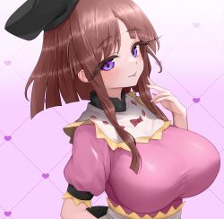 Rule 34 | 1girl, absurdres, black hat, blush, bow, breasts, brown hair, closed mouth, commentary request, dress, fingernails, gradient background, hat, heart, highres, large breasts, looking at viewer, nishida satono, pink dress, puffy short sleeves, puffy sleeves, purple eyes, red bow, short hair with long locks, short sleeves, smile, solo, sugar you, tongue, tongue out, touhou, upper body