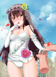 Rule 34 | 1girl, :d, bad id, bad pixiv id, bare shoulders, bird, blue sky, blush, breasts, bridal veil, brown eyes, brown hair, cameltoe, cloud, collarbone, day, disembodied hand, elbow gloves, floral print, flower, girls&#039; frontline, glint, gloves, gluteal fold, green flower, green rose, hair between eyes, hair flower, hair ornament, hand to own mouth, hand up, highres, jewelry, long hair, medium breasts, nose blush, note2000, nz75 (girls&#039; frontline), open mouth, outdoors, petals, pink flower, pink rose, ring, rose, rose print, see-through, sky, smile, solo focus, sparkle, tears, veil, very long hair, wedding band, white gloves