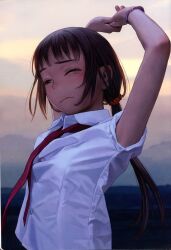 Rule 34 | 1girl, absurdres, arm up, armpit peek, armpits, blush, bracelet, brown hair, closed mouth, collared shirt, hair ornament, highres, jewelry, long hair, looking at viewer, murata range, necktie, non-web source, one eye closed, original, outdoors, ponytail, red necktie, scan, school uniform, scrunchie, shirt, short sleeves, sky, solo, stretching, tears, upper body, white shirt