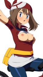 Rule 34 | 1girl, :o, arm up, bag, bandana, bicycle, bike shorts, blue eyes, blue shorts, breasts, breasts out, brown hair, cameltoe, clothes lift, commentary request, creatures (company), game freak, highres, jacket, long hair, looking at viewer, may (pokemon), medium breasts, nintendo, nipples, no bra, ome (mercury cigarette), open clothes, open jacket, open mouth, outstretched arm, pokemon, pokemon rse, red headwear, red jacket, selfie, shirt, shirt lift, short sleeves, shorts, shorts under skirt, simple background, sitting, skirt, solo, sweat, white background, white shirt, white skirt