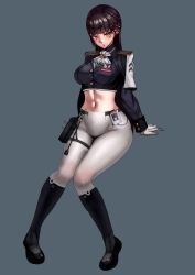 Rule 34 | 1girl, absurdres, ascot, black footwear, black hair, black jacket, boots, breasts, brown eyes, commentary, crop top, cropped jacket, epaulettes, full body, gloves, goddess of victory: nikke, grey background, highres, id card, invisible chair, jacket, knee boots, large breasts, long hair, long sleeves, looking at viewer, marciana (nikke), midriff, military jacket, military uniform, name tag, navel, navel piercing, pants, parted lips, piercing, pouch, riding crop, rilliam, sidelocks, simple background, sitting, solo, thigh pouch, thigh strap, tight clothes, tight pants, uniform, white ascot, white gloves, white pants