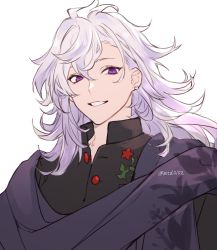 Rule 34 | 1boy, alternate costume, bishounen, black shirt, close-up, earrings, fate/grand order, fate (series), highres, jewelry, long hair, male focus, merlin (camelot &amp; co) (fate), merlin (fate), purple eyes, purple scarf, scarf, shirt, silver hair, simple background, smile, solo, tofu (bean359), twitter username, upper body, white background