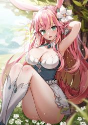 Rule 34 | 1girl, afk arena, animal ears, aqua eyes, armpits, arms behind head, arms up, ass, bare arms, bare shoulders, breasts, cleavage, day, detached collar, dress, flower, gloves, hair flower, hair ornament, highres, hyoin, kneehighs, knees up, large breasts, long hair, looking at viewer, lyca (afk arena), multicolored hair, nature, open mouth, outdoors, pink hair, rabbit ears, short dress, sitting, sleeveless, sleeveless dress, smile, socks, solo, streaked hair, thighs, underbust, very long hair, white dress, white gloves, white socks