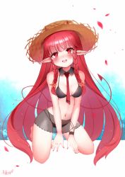Rule 34 | 1girl, :d, arknights, bare arms, bare legs, bare shoulders, barefoot, between legs, bikini, black bikini, black collar, blush, braid, breasts, collar, commentary request, demon tail, detached collar, full body, hand between legs, head tilt, highres, kneeling, long hair, looking at viewer, medium breasts, multi-strapped bikini, nail polish, official alternate costume, open mouth, petals, pointy ears, red eyes, red hair, red nails, red neckwear, sana hamada, see-through, signature, smile, solo, swimsuit, tail, teeth, twin braids, upper teeth only, very long hair, vigna (arknights), vigna (casual vacation) (arknights), wing collar