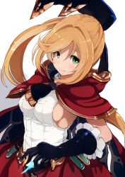 Rule 34 | 1girl, arm at side, ascot, belt, black ascot, black gloves, breasts, brown hair, cape, clarisse (granblue fantasy), closed mouth, commentary request, cowboy shot, elbow gloves, frilled gloves, frills, gloves, granblue fantasy, green eyes, hair intakes, hair ornament, long hair, looking at viewer, medium breasts, opanchu (hakusen), ponytail, red cape, red skirt, shirt, sideboob, skirt, smile, solo, swept bangs, tareme, test tube, very long hair, white shirt
