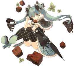 Rule 34 | 1girl, aqua eyes, aqua hair, bad id, bad pixiv id, bow, capelet, cats brain, chocolate, closed umbrella, dress, drill hair, full body, fur trim, gloves, hair bow, hatsune miku, high heels, long hair, looking at viewer, mint, panties, pantyshot, pom pom (clothes), sitting, solo, striped clothes, striped thighhighs, thighhighs, twin drills, twintails, umbrella, underwear, vertical-striped clothes, vertical-striped thighhighs, very long hair, vocaloid, white background, white panties