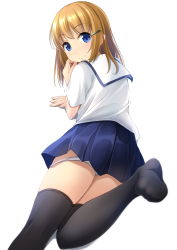 Rule 34 | 1girl, black thighhighs, blue eyes, blue skirt, blush, closed mouth, commentary request, feet, hair ornament, hairclip, highres, leg up, light brown hair, looking at viewer, looking back, lying, no shoes, nose blush, on stomach, original, panties, panty pull, pleated skirt, sailor collar, school uniform, serafuku, shibacha, shirt, short sleeves, simple background, skirt, soles, solo, thighhighs, thighs, underwear, white background, white panties, white sailor collar, white shirt
