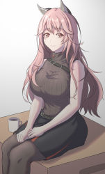 Rule 34 | 1girl, absurdres, animal ear fluff, animal ears, belt, black pantyhose, black skirt, breasts, brown eyes, brown sweater vest, closed mouth, coffee cup, cup, disposable cup, feet out of frame, girls&#039; frontline, girls&#039; frontline neural cloud, hands on lap, hands on own legs, highres, large breasts, long hair, looking at viewer, mkhaggar, pantyhose, persica (girls&#039; frontline), pink hair, ribbed sweater, simple background, sitting, skirt, smile, solo, sweater, sweater vest, turtleneck, turtleneck sweater