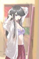 Rule 34 | 1girl, black hair, bra, breasts, cleavage, collarbone, from side, hair tie in mouth, hands in hair, highres, komi-san wa komyushou desu, komi shouko, lace, lace-trimmed bra, lace trim, long hair, looking at viewer, medium breasts, mitsugu, mouth hold, navel, open clothes, open shirt, purple bra, red skirt, school uniform, shirt, skirt, underwear, white shirt
