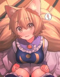 Rule 34 | !, 2girls, animal ear fluff, animal ears, blonde hair, blush, breasts, brown eyes, commentary request, dress, fox ears, fox tail, frilled shirt collar, frills, from above, hair between eyes, highres, indoors, kneeling, large breasts, long sleeves, looking at viewer, looking up, masanaga (tsukasa), multiple girls, multiple tails, no headwear, nose blush, open mouth, petticoat, pov, purple dress, short hair, solo focus, spoken exclamation mark, standing, sweat, tabard, tail, tatami, thighhighs, thighs, touhou, white dress, white legwear, yakumo ran, yakumo yukari, zettai ryouiki