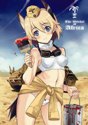 Rule 34 | 1girl, animal ears, bad id, blonde hair, blue eyes, blush, bra, breasts, caterpillar tracks, clothes around waist, desert, goggles, hat, head wings, jacket, jacket around waist, kyogoku shin, lingerie, medium breasts, military, military vehicle, motor vehicle, paint, paint can, paintbrush, panties, raisa pottgen, sand, short hair, smile, solo, strike witches, tail, tank, underwear, vehicle, wings, witches of africa, world witches series