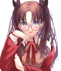 Rule 34 | 1girl, :p, absurdres, black ribbon, blue eyes, brown hair, commentary request, fate/stay night, fate (series), glasses, hair ribbon, highres, homurahara academy school uniform, long hair, looking at viewer, lq saku, red ribbon, ribbon, school uniform, simple background, solo, tohsaka rin, tongue, tongue out, two side up, upper body, white background