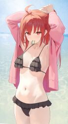Rule 34 | 1girl, absurdres, ahoge, armpits, arms up, bikini, black bikini, blush, breasts, frilled bikini, frills, highres, jacket, long hair, looking at viewer, medium breasts, mouth hold, navel, ocean, open clothes, open jacket, original, outdoors, pink jacket, red eyes, red hair, siu hing5262, smile, solo, swimsuit