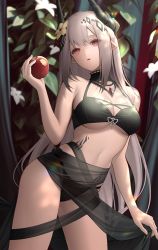 Rule 34 | 1girl, apple, arknights, bare arms, bare shoulders, breasts, cleavage, commentary request, cowboy shot, food, fruit, hand up, head tilt, holding, holding food, holding fruit, horns, jewelry, long hair, looking at viewer, material growth, medium breasts, mudrock (arknights), mudrock (silent night) (arknights), navel, necklace, official alternate costume, oripathy lesion (arknights), parted lips, partial commentary, pointy ears, red eyes, shawl, silver hair, solo, standing, stomach, thighs, urano ura, very long hair