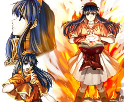 Rule 34 | 1girl, blue eyes, blue hair, book, bracelet, brown eyes, capelet, closed mouth, collarbone, delsaber, fire, fire emblem, fire emblem: the binding blade, floating hair, jewelry, lilina (fire emblem), long hair, looking at viewer, looking up, magic, miniskirt, nintendo, open book, orange capelet, pleated skirt, skirt, very long hair, white background, white skirt