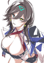 Rule 34 | 1girl, absurdres, ahoge, azur lane, breasts, brown hair, cleavage, copyright request, earrings, from above, georgia (azur lane), gloves, hair ornament, heterochromia, highres, jacket, jewelry, large breasts, looking at viewer, looking up, medium hair, miniskirt, mogi yasunobu, parted lips, skirt, solo
