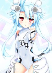 Rule 34 | 10s, 1girl, ahoge, blanc (neptunia), blue hair, blush, elbow gloves, gloves, haru blanc0316, highres, leotard, looking at viewer, neptune (series), open mouth, outstretched hand, power symbol, power symbol-shaped pupils, red eyes, short hair with long locks, sidelocks, solo, symbol-shaped pupils, white heart (neptunia)