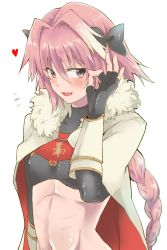 Rule 34 | 1boy, astolfo (fate), black gloves, blush, bow, braid, cape, commentary request, fang, fate/grand order, fate (series), fur collar, fur trim, gloves, hair bow, hair intakes, heart, highres, long hair, male focus, moekichi, navel, open mouth, pink hair, ribs, simple background, single braid, skin fang, solo, trap, upper body, white background
