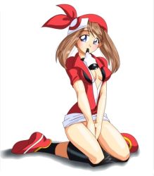 Rule 34 | 1girl, bandana, blue eyes, blush, bottomless, breasts, brown hair, cleavage, creatures (company), game freak, gloves, hat, may (pokemon), mouth hold, nintendo, open clothes, open shirt, pokemon, rubyconcream, shirt, simple background, sitting, skirt, solo, wariza, white background, white skirt