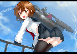 Rule 34 | 10s, 1girl, :d, aldehyde, backpack, bad id, bad pixiv id, bag, black thighhighs, blue eyes, brown eyes, brown hair, fang, ikazuchi (kancolle), kantai collection, letterboxed, looking at viewer, looking back, midriff, neckerchief, open mouth, panties, pantyshot, personification, railing, red neckerchief, school uniform, serafuku, shirt, skirt, smile, solo, thighhighs, underwear, upskirt, white panties