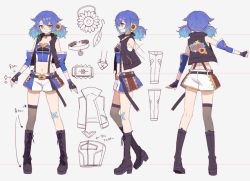 Rule 34 | 1girl, bandaid, bandaid on face, black choker, black footwear, black jacket, blue hair, blush, boots, breasts, character sheet, chocoan, choker, cleavage, collarbone, detached sleeves, earrings, fingerless gloves, flower, from behind, from side, full body, gloves, hair flower, hair ornament, hero channel, high heel boots, high heels, jacket, jewelry, looking at viewer, low twintails, minamori hero, multiple views, navel, official art, open clothes, open jacket, outstretched arm, shorts, sleeveless, sleeveless jacket, smile, sunflower, sunflower hair ornament, suspender shorts, suspenders, twintails, virtual youtuber, white shorts