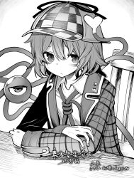 Rule 34 | 1girl, :/, absurdres, akimaki yuu, bags under eyes, blush, chair, closed mouth, collared shirt, commentary, crossed arms, deerstalker, desk, eyebrows hidden by hair, fingernails, greyscale, hair between eyes, hat, hat ornament, heart, heart hat ornament, highres, jacket, komeiji satori, long sleeves, looking at viewer, monochrome, on chair, open clothes, open jacket, plaid, plaid jacket, shirt, short hair, sitting, sleeve cuffs, solo, third eye, touhou, translated, upper body