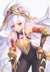 Rule 34 | 1girl, absurdres, armor, bare shoulders, black bodysuit, blush, bodysuit, breastplate, breasts, brown eyes, fang, gauntlets, gloves, granblue fantasy, headpiece, highres, leaning forward, long hair, looking at viewer, medusa (shingeki no bahamut), miso (b7669726), open mouth, pointy ears, red gloves, silver hair, small breasts, tail, thighs, very long hair