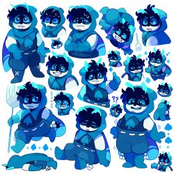 Rule 34 | 1boy, ?, ??, antennae, black hair, blue cape, blue eyes, blue footwear, blue gloves, blue sclera, blue shorts, cape, closed mouth, colored sclera, colored skin, commentary, english commentary, gloves, highres, hood, hood up, lying, male focus, multiple views, on stomach, open mouth, origins smp, pitchfork, shorts, simple background, sitting, sleepy cheeky, smile, sneegsnag, spade (shape), standing, sweat, thumbs up, white background, white skin