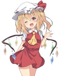 Rule 34 | 1girl, amashi (qcmrq906), arm behind back, ascot, bad id, bad pixiv id, blonde hair, cowboy shot, fang, flandre scarlet, hat, hat ribbon, highres, looking at viewer, miniskirt, mob cap, one eye closed, open mouth, red eyes, red ribbon, red skirt, ribbon, short sleeves, simple background, skirt, skirt set, smile, solo, touhou, vest, waving, white background, white hat, wings